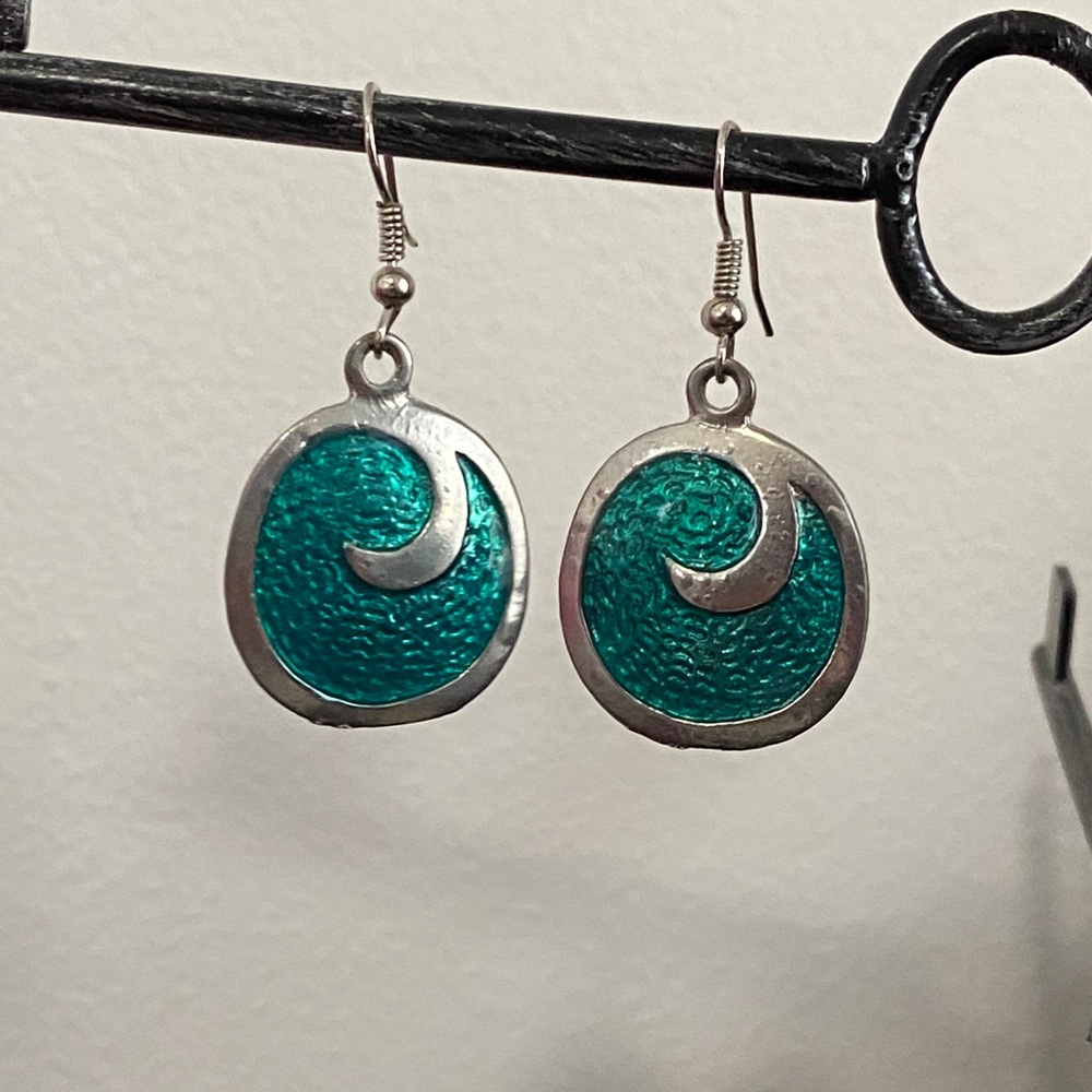 Teal Enamel Wave Swirl Dangle Earrings Silver Tone Boho Summer Beach Coastal - Picture 7 of 12
